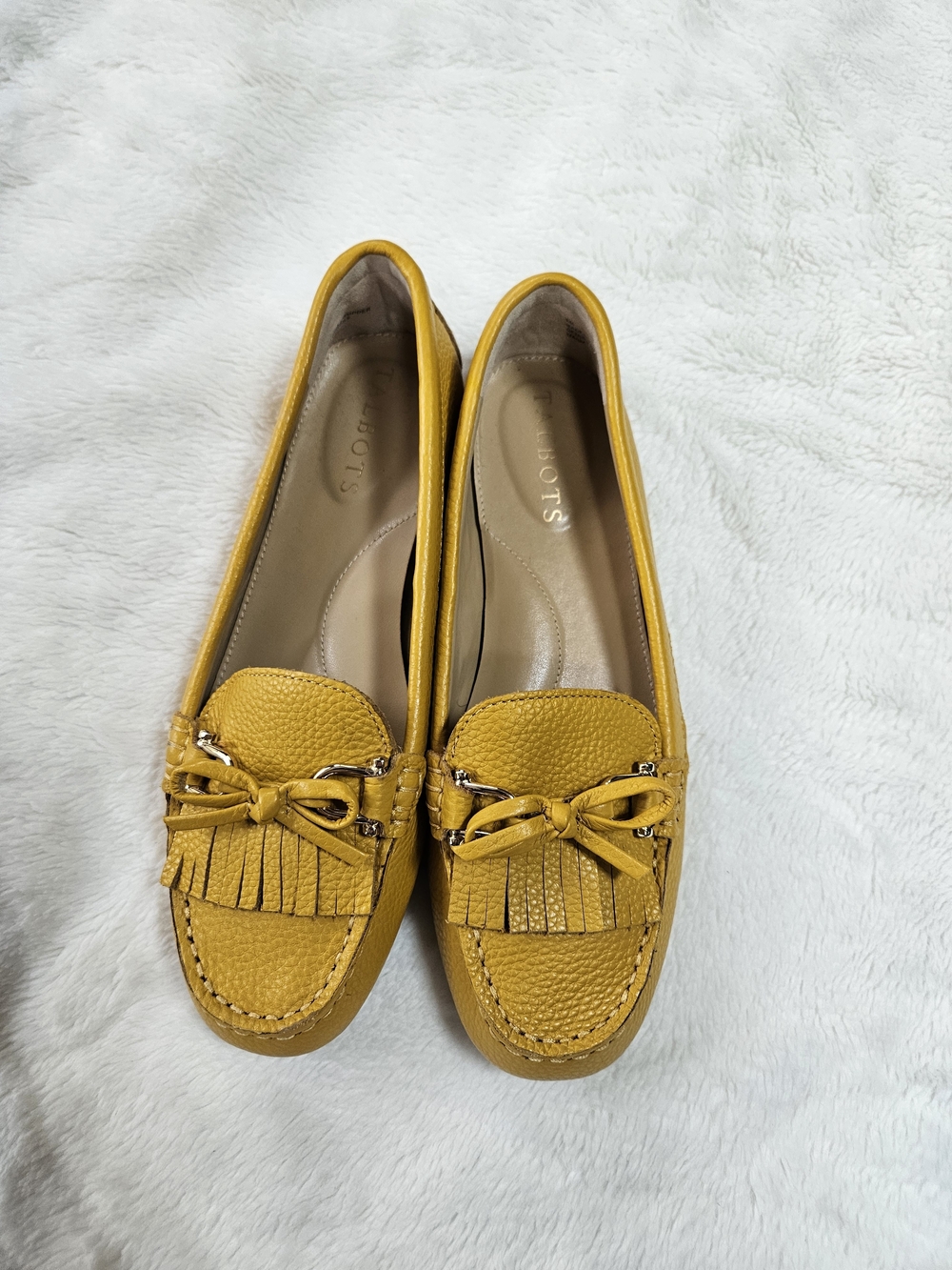 Talbots Mustard Yellow Leather Fringe Bow Loafers